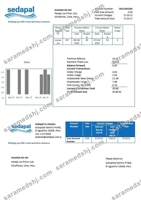 Peru Sedapal La Atarjea water business utility bill template in Word and PDF formats